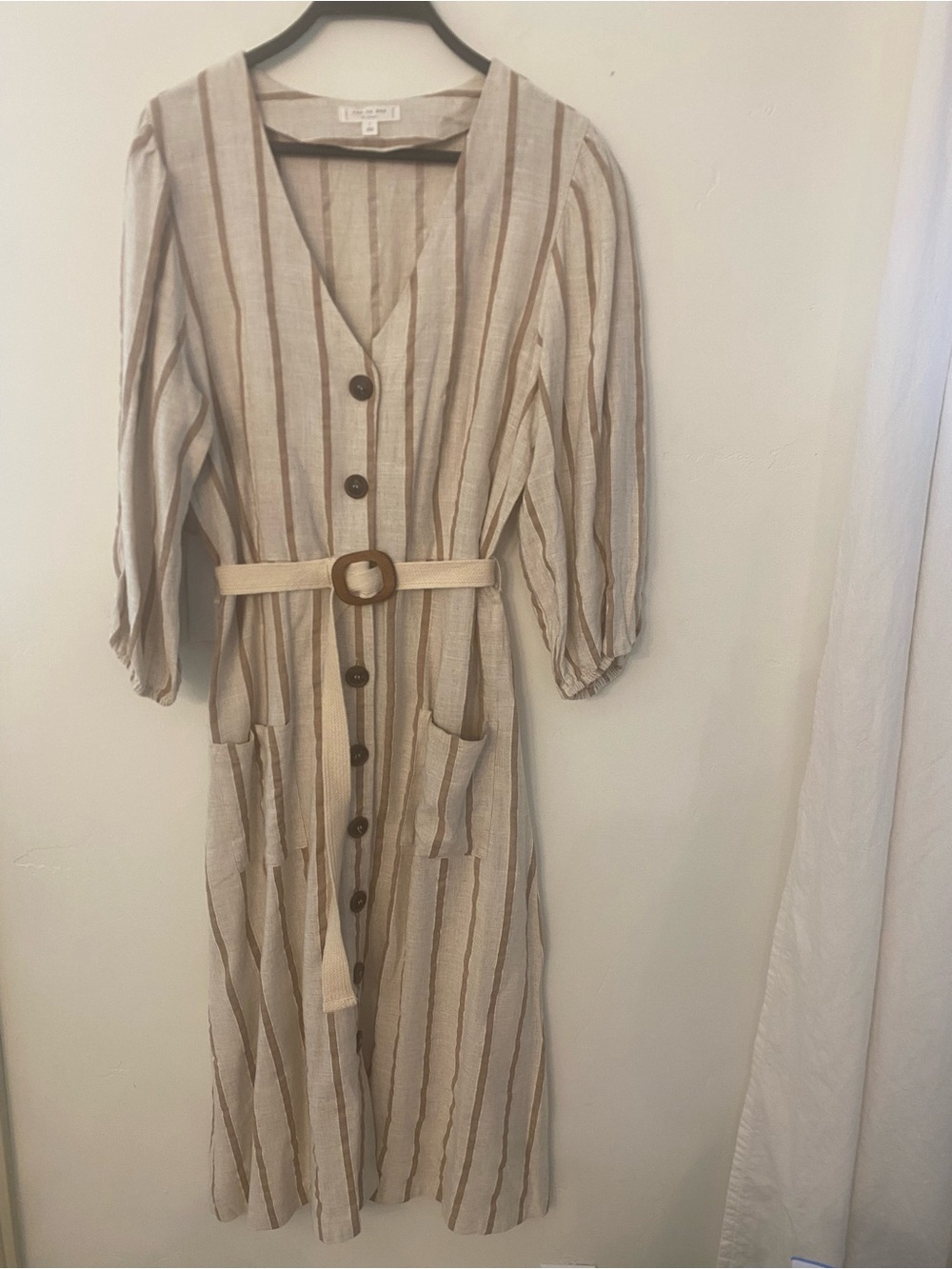Striped V-Neck Button Midi Dress with Removable Belt - Beige/Tan